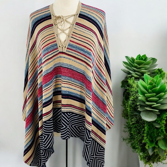 Janice Women’s Multi-Color Geometric Stripe Lace-Up Detail Poncho - Picture 12 of 16